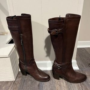 NWOT Frye Brown Leather Talls Boots. Stacked Heel. MSRP $398